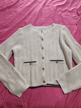 Song of Style Cream Ribbed Cardigan with Navy Trim Accents